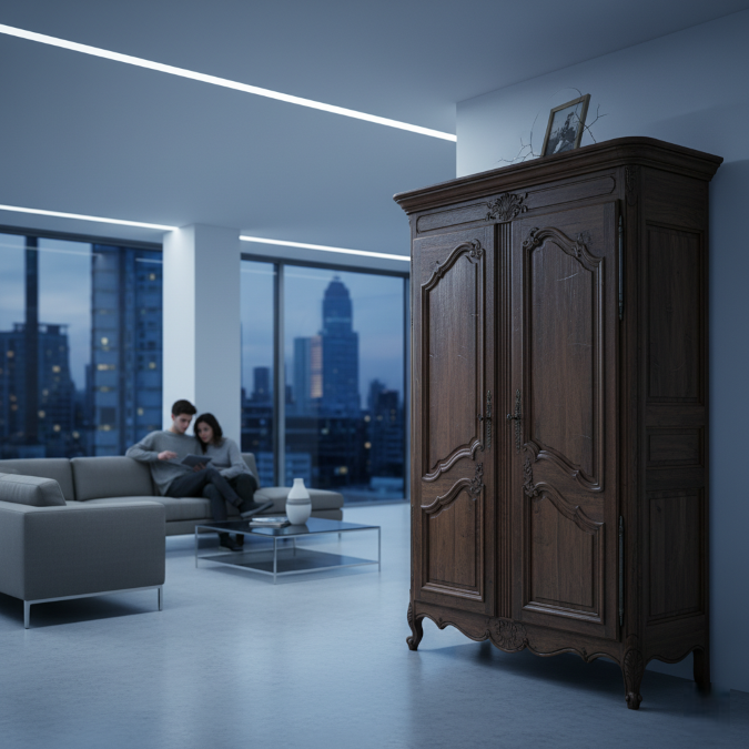 Les meubles anciens ne valent plus rien : Armoire ou commode ancienne délaissée dans un intérieur moderne et épuré, symbolisant le déclin de leur valeur.